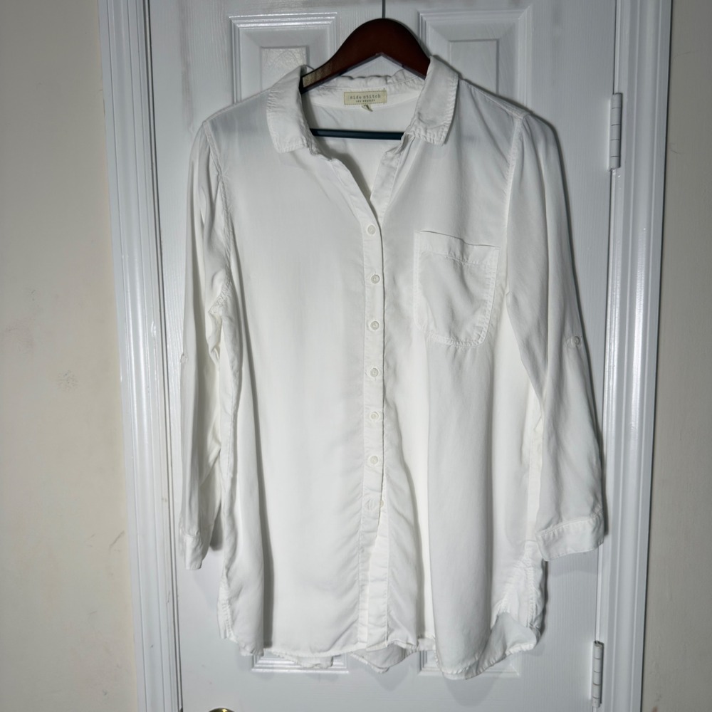 Side Stitch Los Angeles White Lyocell Button Front Shirt Petite‎ Large Roll Tab